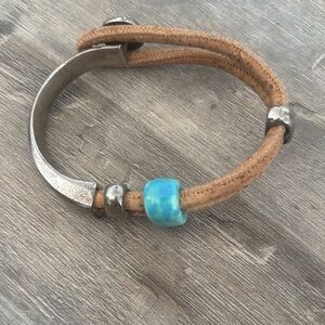 Silver and Tan Leather Bracelet with Blue Bead
